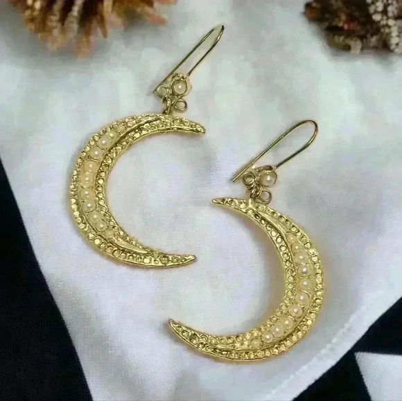๐๏ธ24K Gold Plated Turkish Pearl Artisan Jewelry Set Crescent Moon Earrings Cuff - Picture 4 of 12